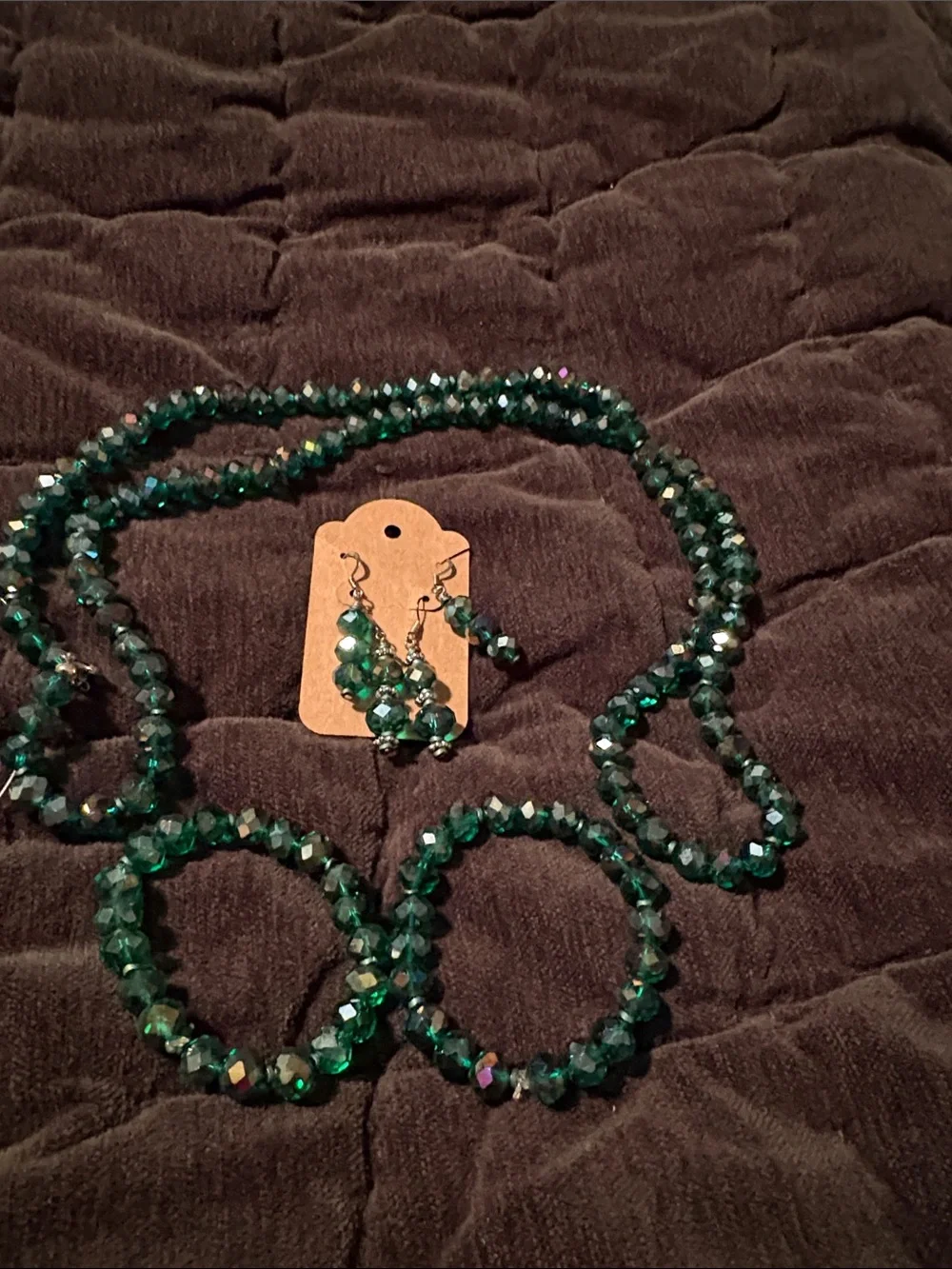Handmade Emerald Green Faux Crystal Necklace, 2 Earring Sets & Bracelets